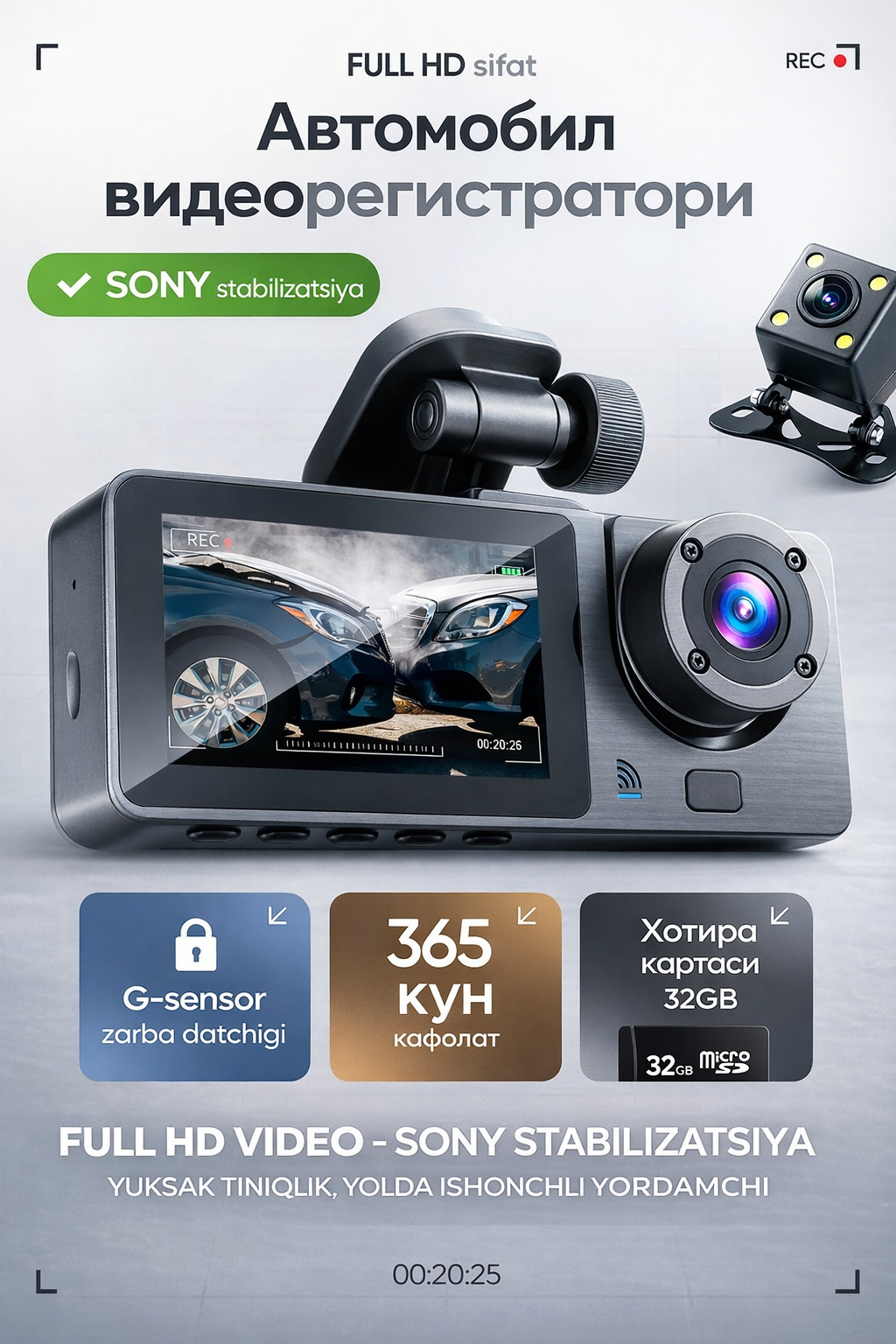 3 ta kamera va Wi-Fi bilan avtomobil video yozuvchisi